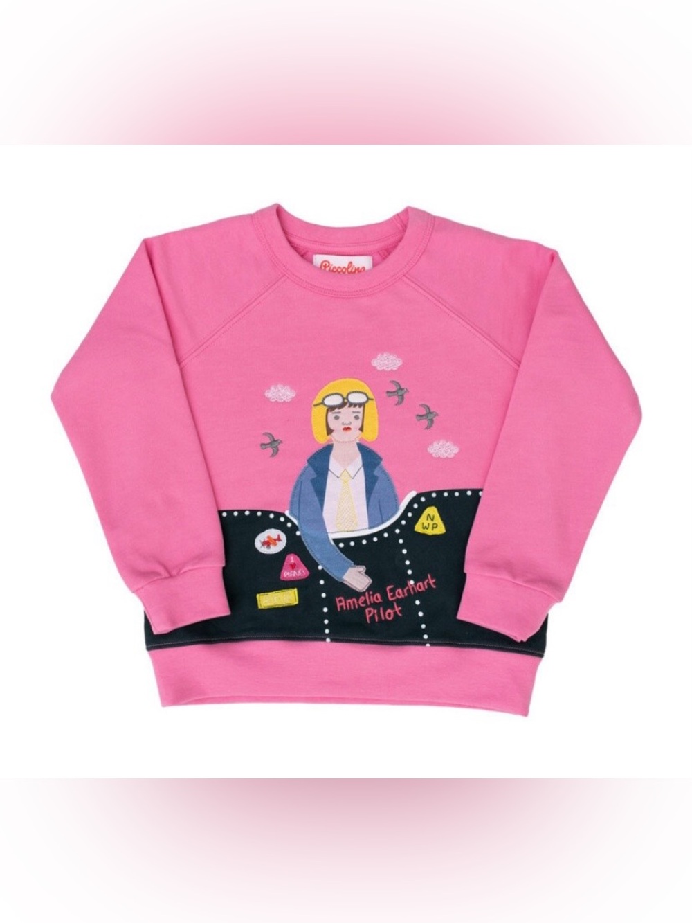 PICCOLINA Amelia Earhart Trailblazer Crewneck Sweatshirt Pink Embroidered Size 8